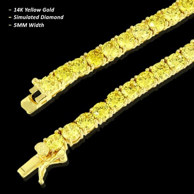 14K Yellow Gold Mens Womens 5MM 1 Row Iced Out Diamond Tennis Chain Necklace