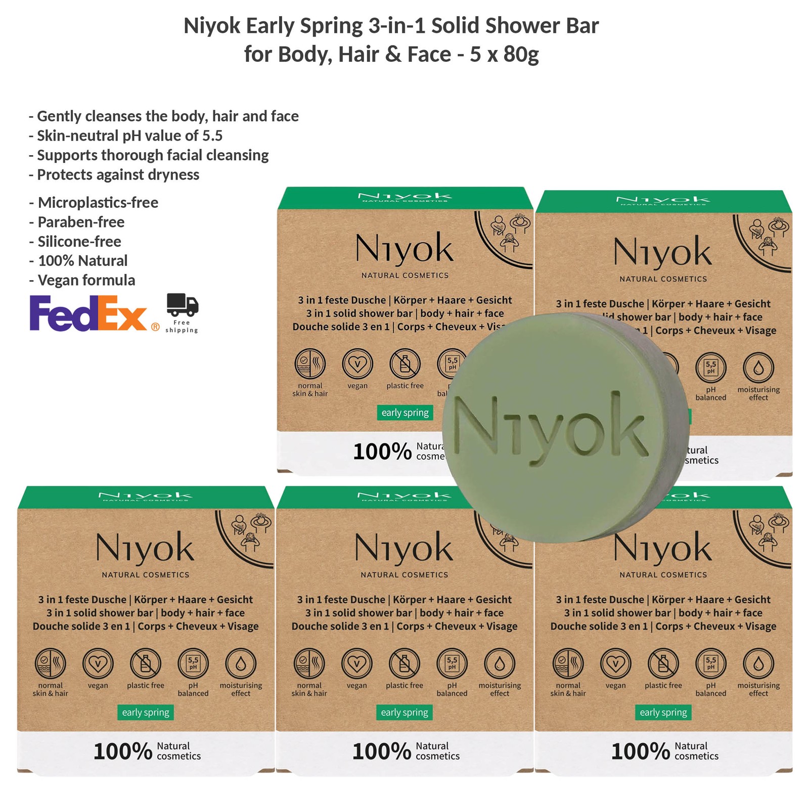 5x Niyok Early Spring 3-in-1 Solid Natural Shower Bar for Body, Hair & Face 80g