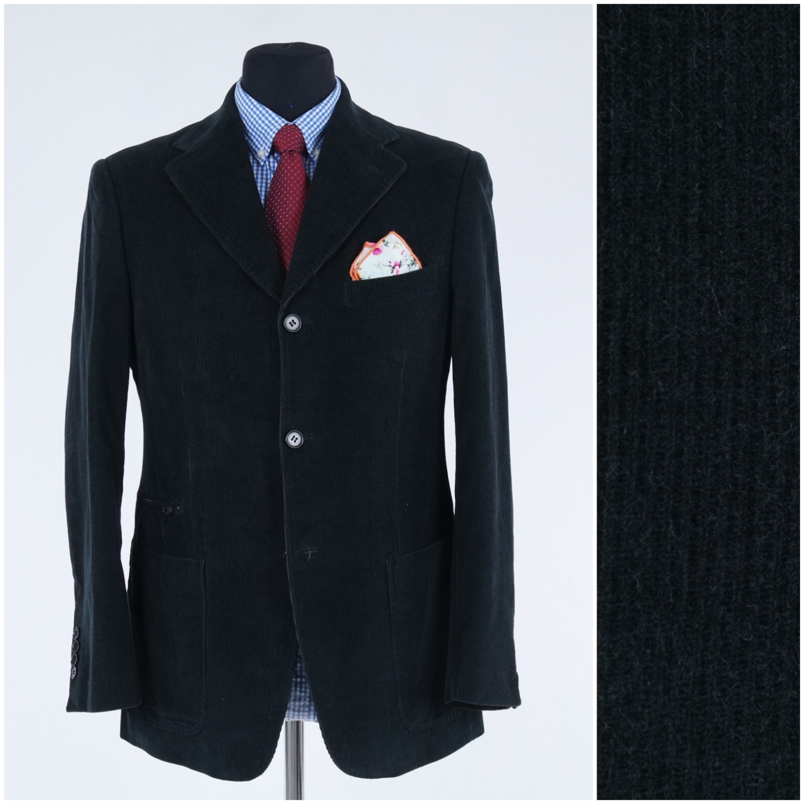 Italian Corduroy Blazer 40R UK Size DEL MONACO Black Cotton Sport Coat Jacket