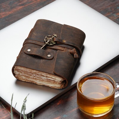 Handmade Vintage Leather Journal with Key & 200 Antique Cotton Watercolor Paper