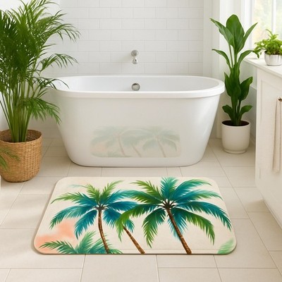 Bath Mat Tropical Trees Orange & Green Coastal Decor 34x21 Non Slip Memory Foam