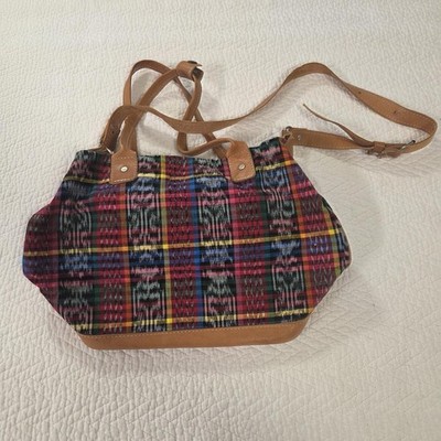 Plaid Canvas Crossbody Bag with Tan Trim