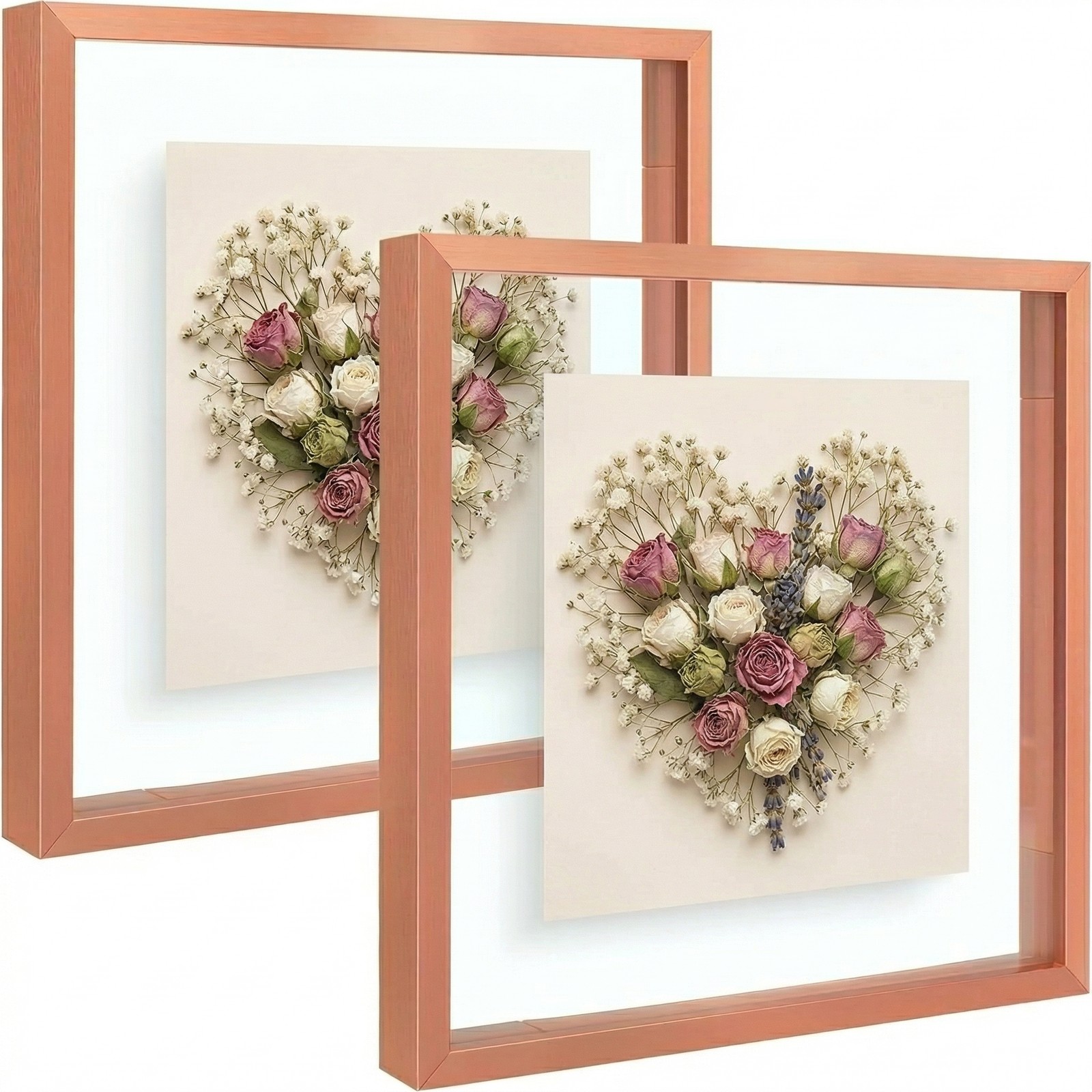 2 Pack 8x8 Rose Gold Metal Floating Picture Frame Real Glass Pressed Flower