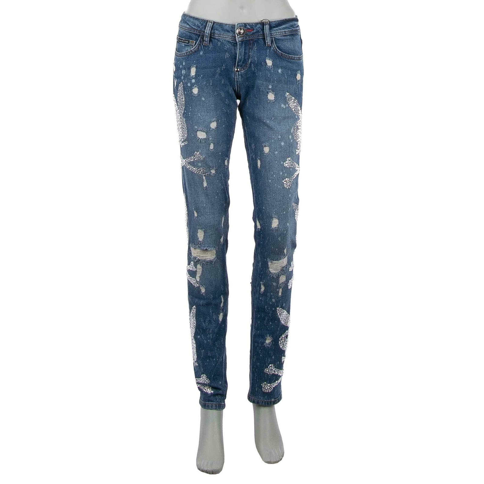 

Philipp Plein X Playboy Rhinestone Bunny Destroyed Джинсовые брюки синие 08707, Синий