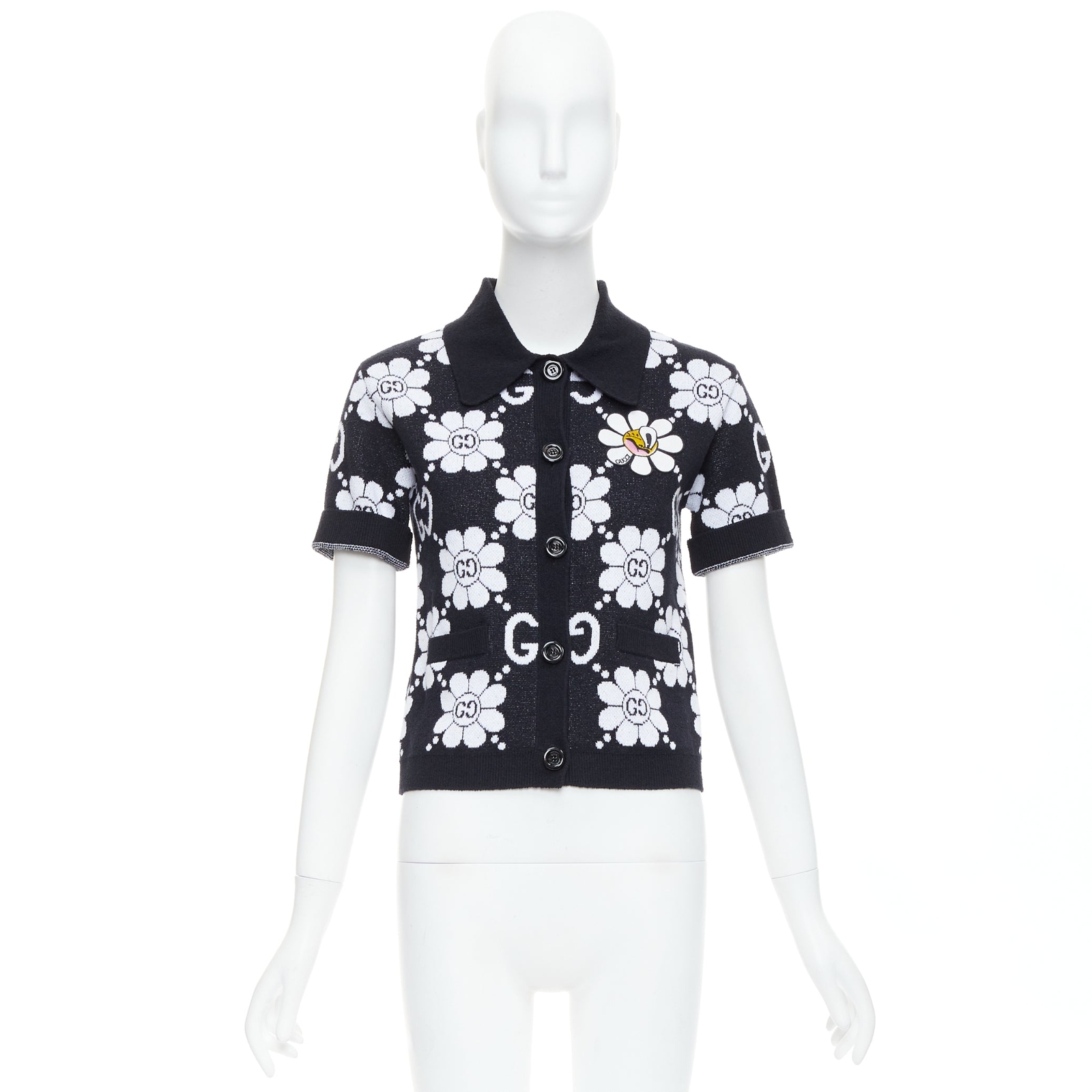 GUCCI 2024 black white cotton blend floral daisy knit polo GUCCI 2024 black white cotton blend floral daisy knit polo