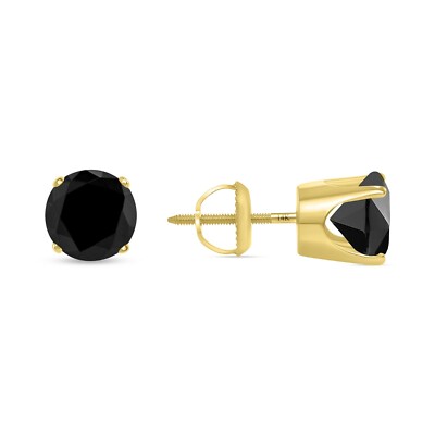 Pre-owned Shine Brite With A Diamond 2.75 Ct Round Black Earrings Crown Set Studs Solid 14k Yellow Gold Screw Back In White/colorless