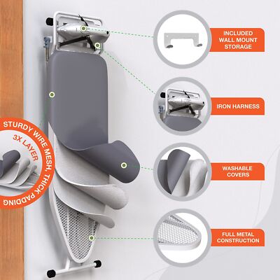 Xabitat Full Size Ironing Board 57" X 15" W/Wall Mount Hanger | Full Metal Co...