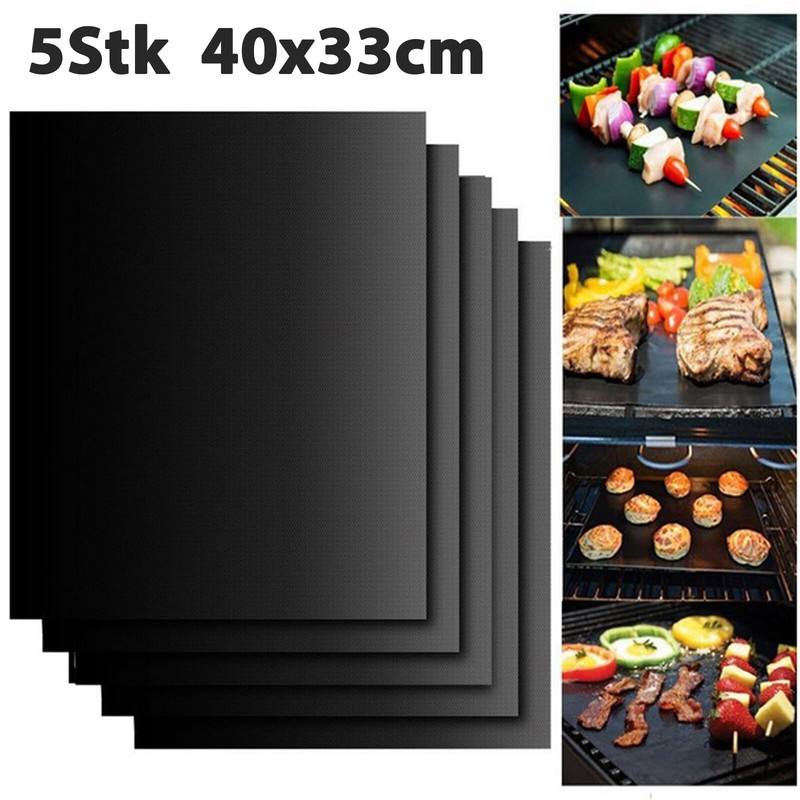 5X BBQ Grillmatte Glasfaser Kochen Dauer Grillunterlage Grillfolie Backofenfolie