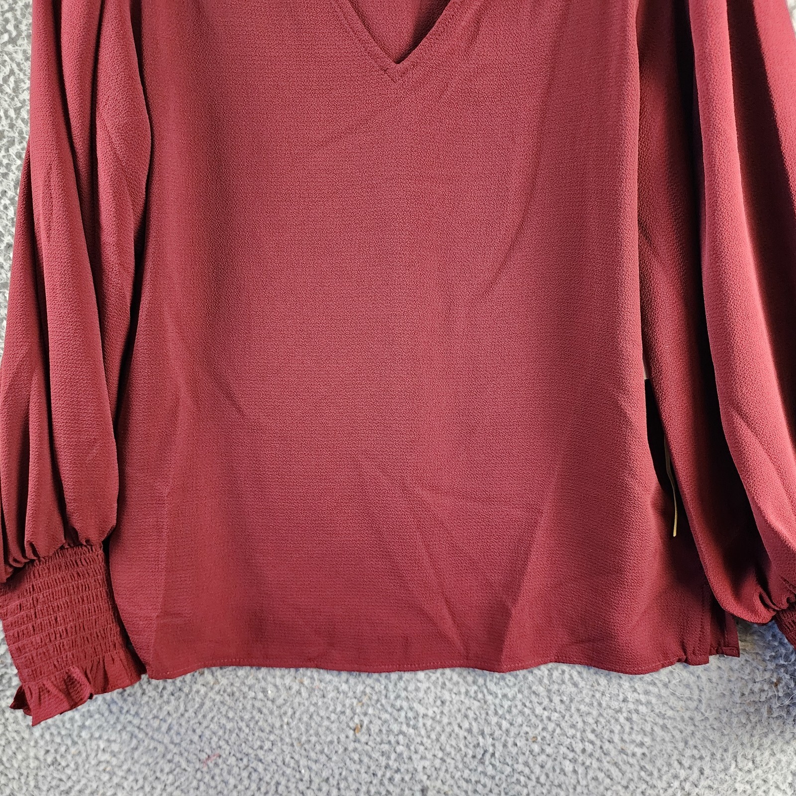 CeCe Solid Smocked-Cuff V-Neck Charmeuse Blouse Women's S Claret Red Long Sleeve - Picture 3 of 15