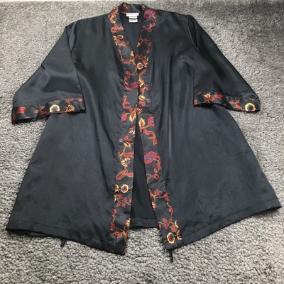 Delta Burke Sleepwear Womens Robe Sz 1X Black Floral Open Front 3/4 Sleeve NWOT