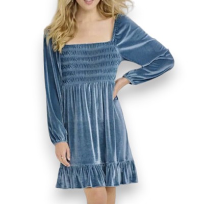 LC Lauren Conrad Dress Womens Small Blue Velvet Off Shoulder Balloon Sleeve