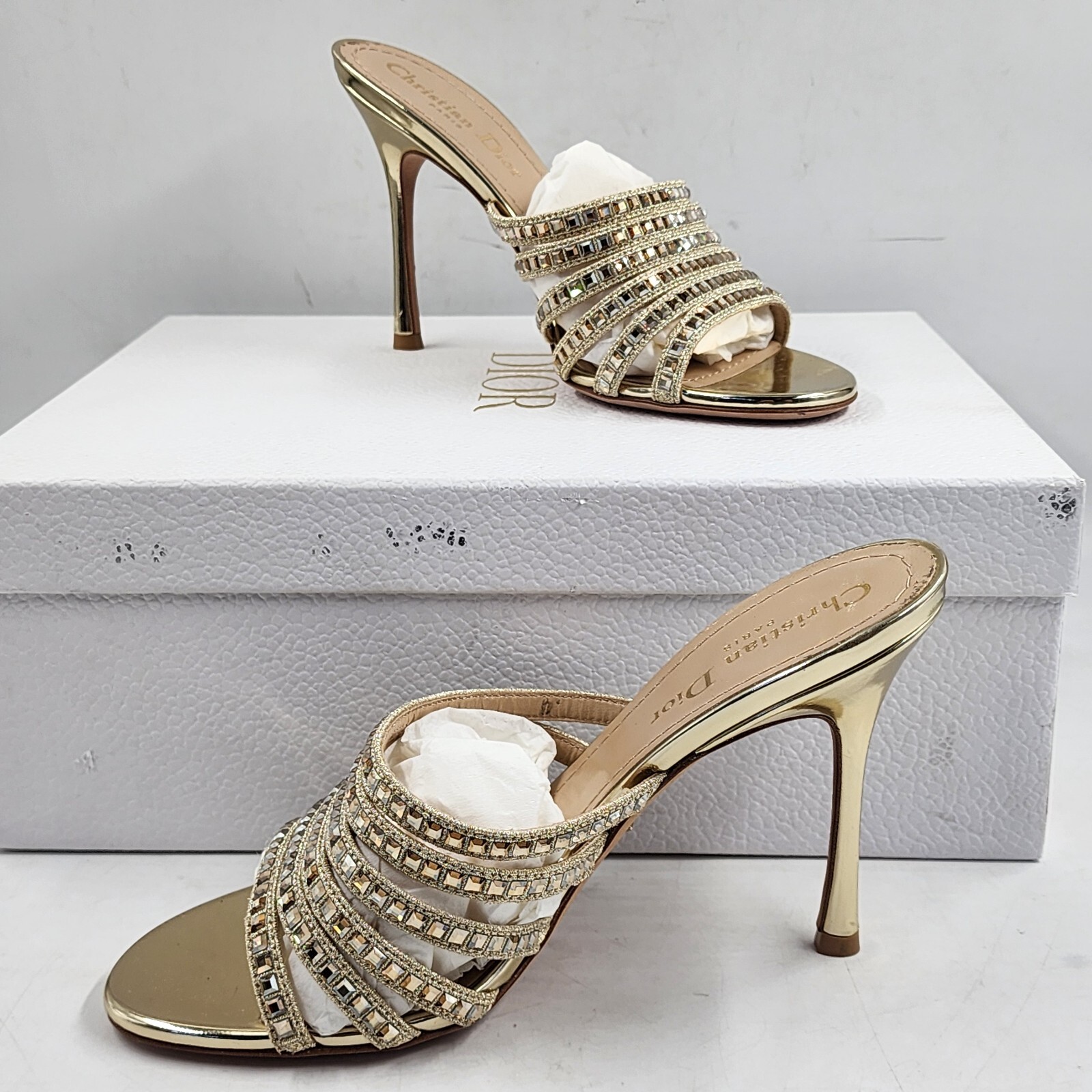 DIOR Gem High-Heeled Mule Sandals Women's 37/7US Light Gold Embellished Slip On - Picture 3 of 20