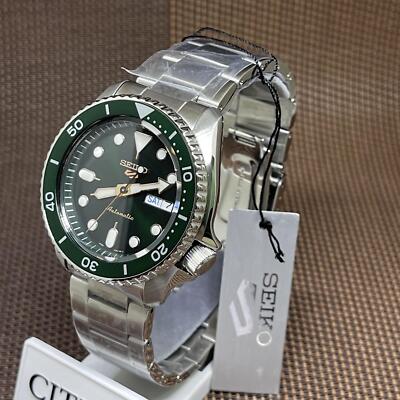 Pre-owned Seiko 5 Sports Srpd63k1 Green Dial Automatic Stainless Steel Analog Men's Watch