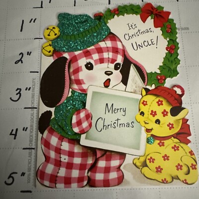 Vintage Uncle Christmas Card Greeting Card With Env Dog Puppy Cat Glitter