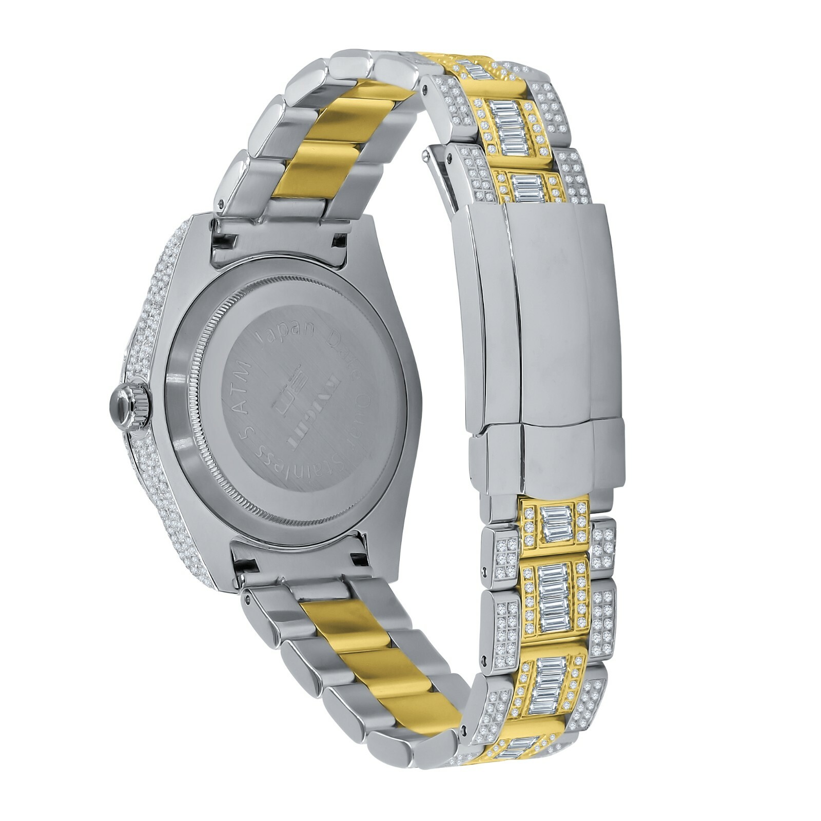 Pre-owned Bling Master 2 Tone Gold Tone Finish Full Stainless Steel Simulated Diamond Mens Watch W/date