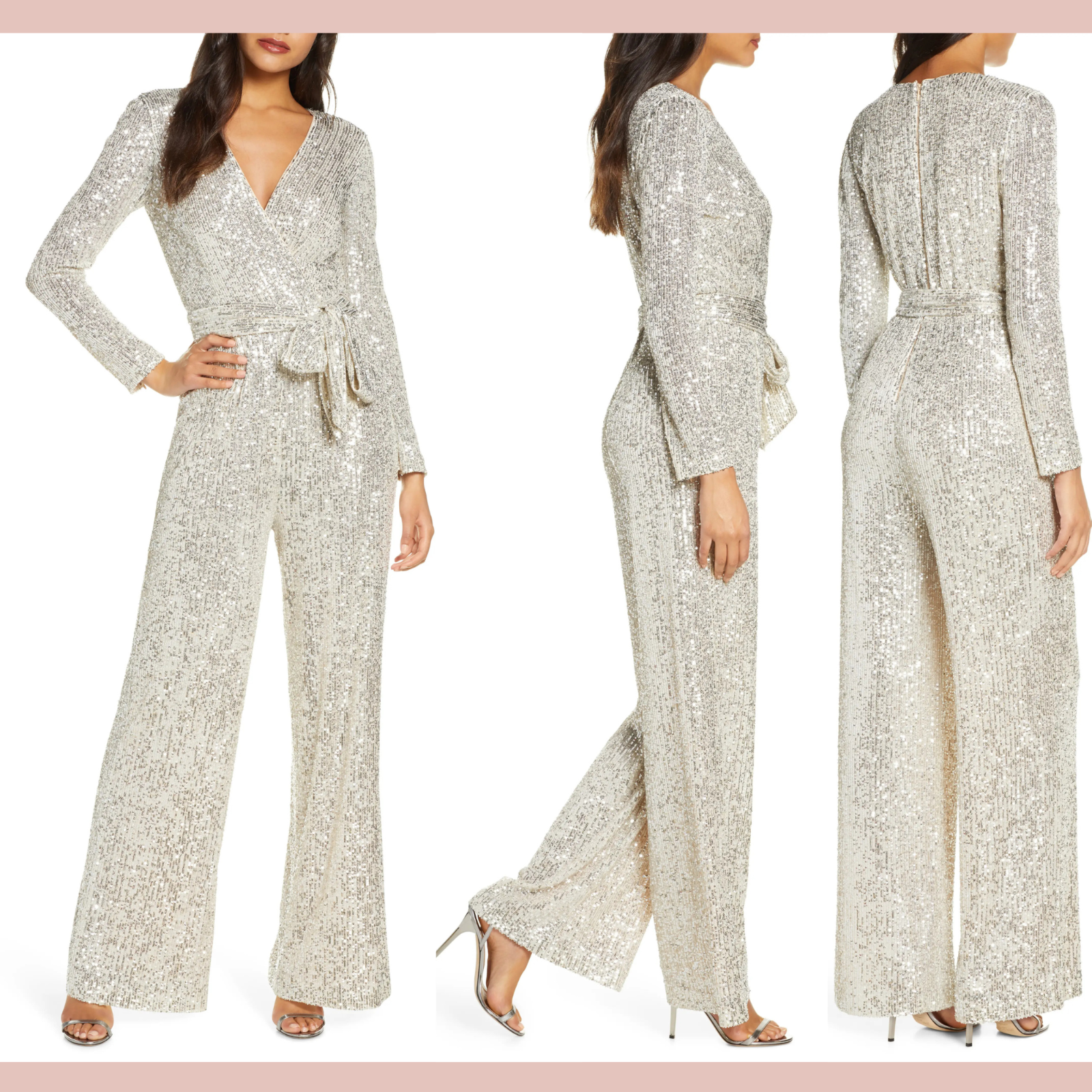 NEW ELIZA J [ 10 ] Sequin Wrap Front Long Sleeve Jumpsuit in
