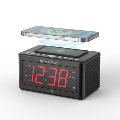 Emerson Smartset Wireless Charging Alarm Clock Radio Featuring a Large Black