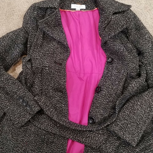 Liz Lange Maternity Small Wool Dress Coat Jacket Button Up Gray Black Tie Waist