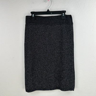 Marc Cain Straight Pencil Skirt S Black Silver Ribbed Knit Wool Blend Sparkle