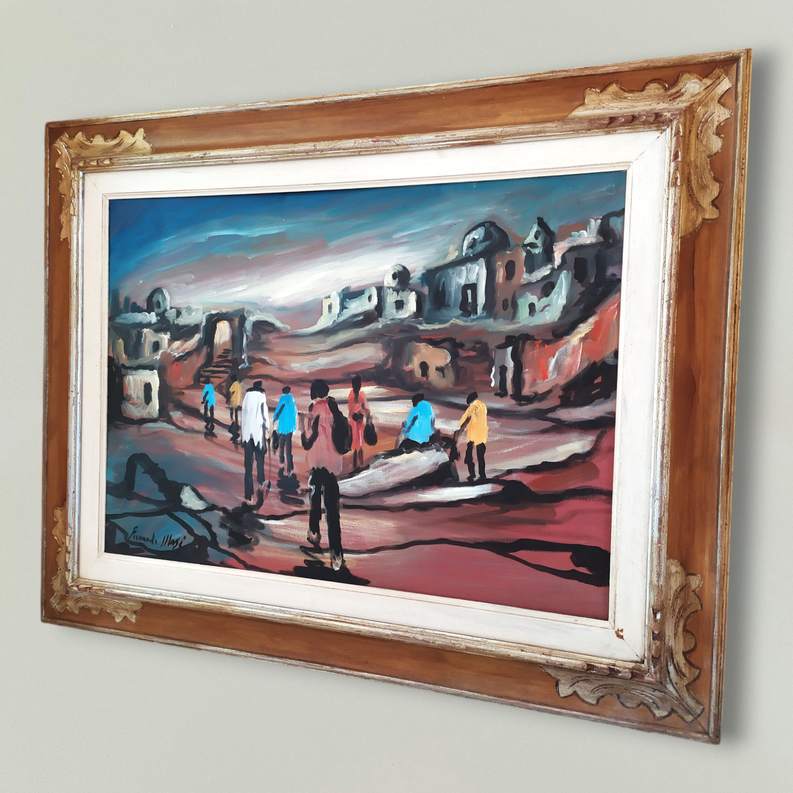 Original Italian Modern Surrealist Oil Painting Landscape with Figures signed