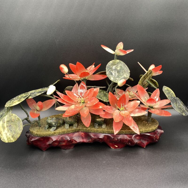 Vintage Chinese Hardstone Jade Waterlily Red Lotus Green Frog Flower Centerpiece
