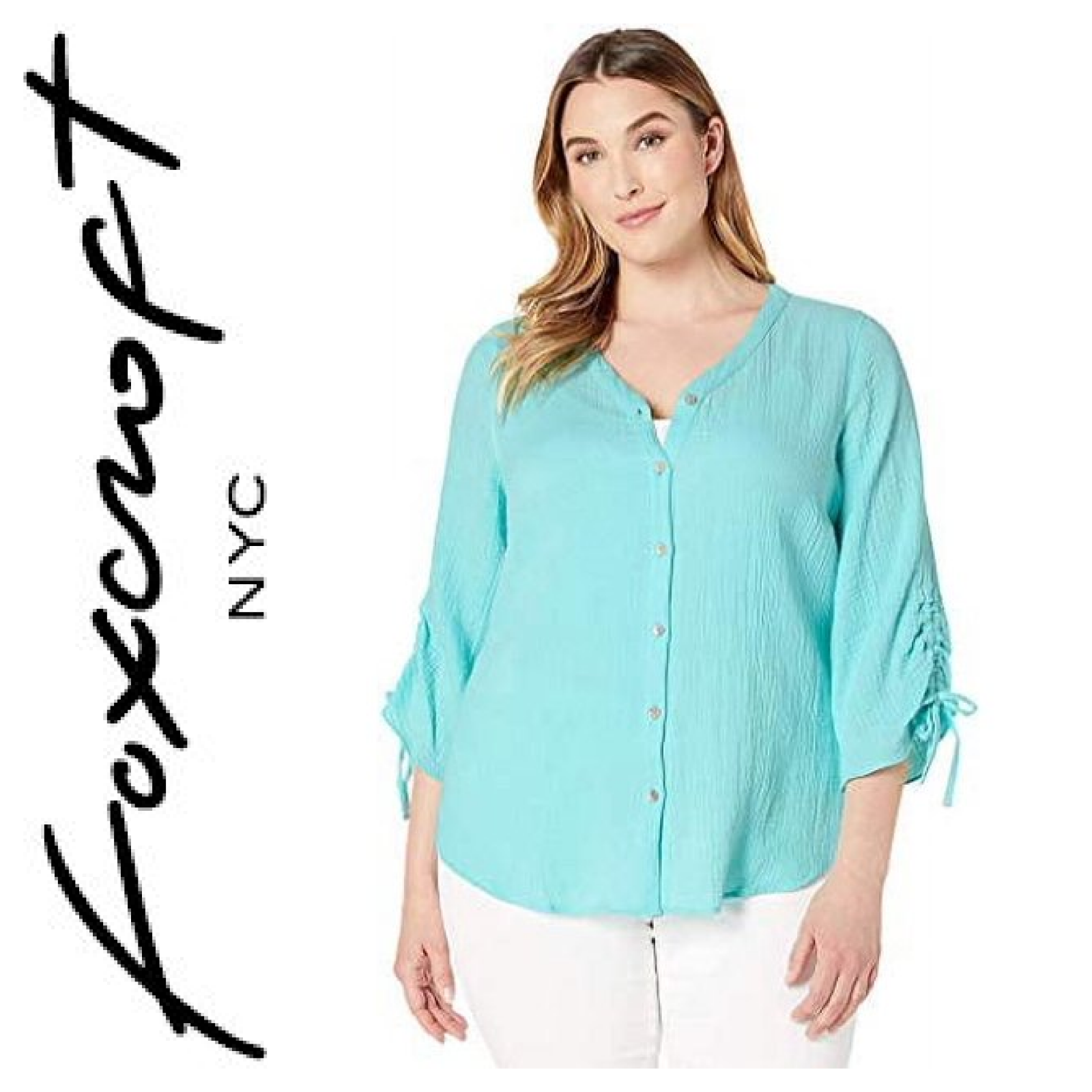 Foxcroft Sz XXL Sea Green Crinkle Gauze Cotton Blouse Top Ruched 3/4 Sleeve