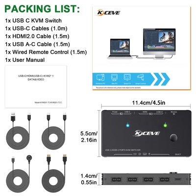 USB Type-C KVM Switch for 2 Computers Share 1 Monitor and 4 USB Devices