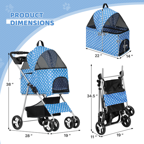 4 Wheels Foldable Pet Stroller Dog Stroller w/Removable Travel Carrier&Cup Hold