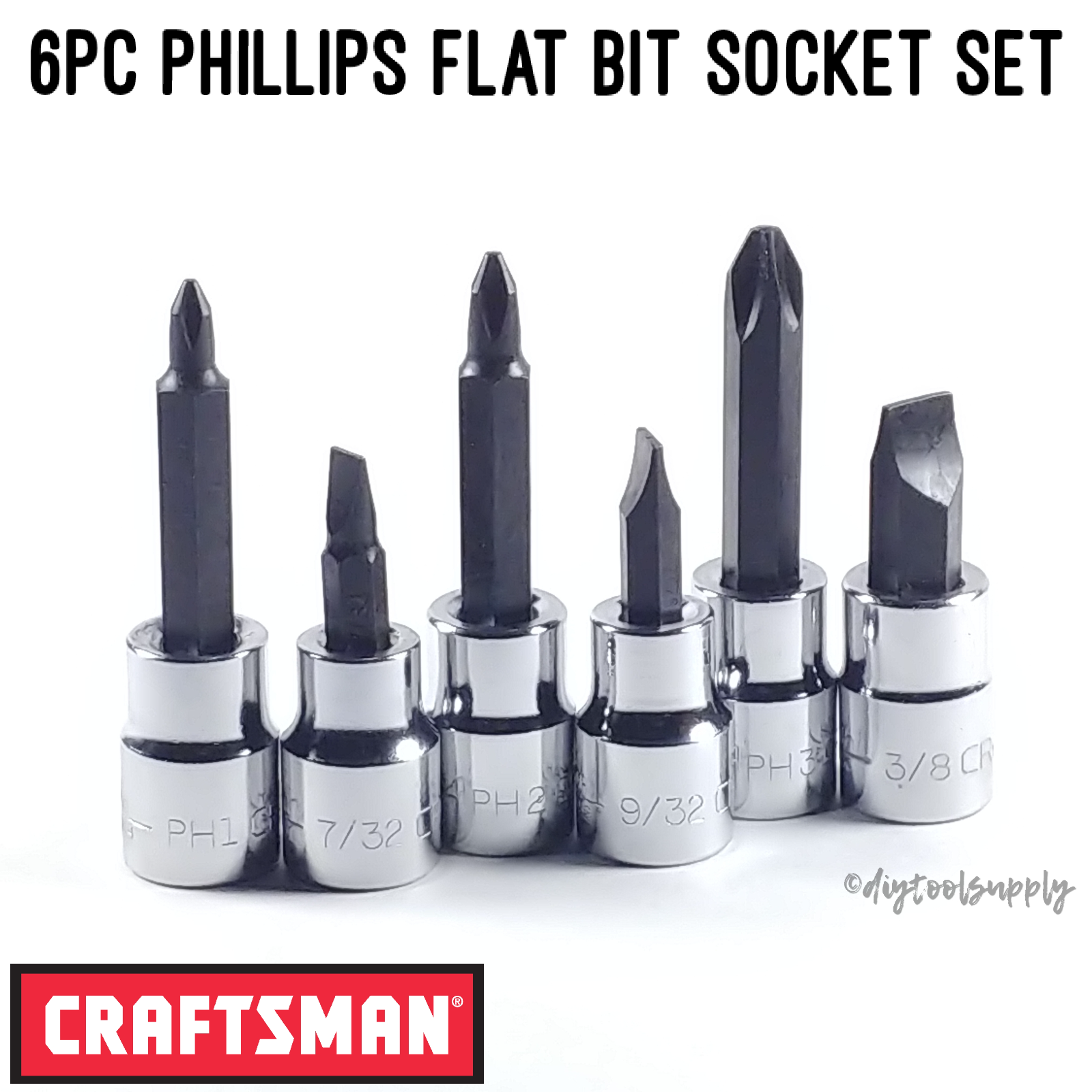 Craftsman Screwdriver Bit Socket Set Phillips Flat 3/8" Drive 6pc P1 P2