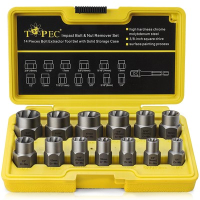 Topec 13+1 Piece Impact Bolt & Nut Remover Set - 3/8'' Drive with Nut Extracto...