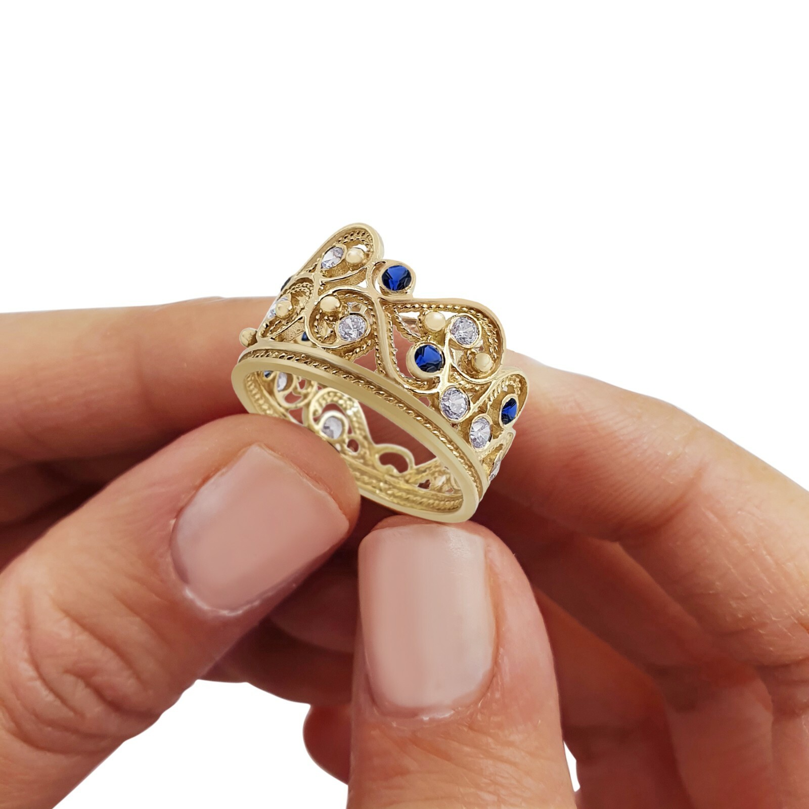 Pre-owned Handmade Deluxe 14k Yellow Gold Blue Sapphire Lavender Stone Filigree Crown Ring