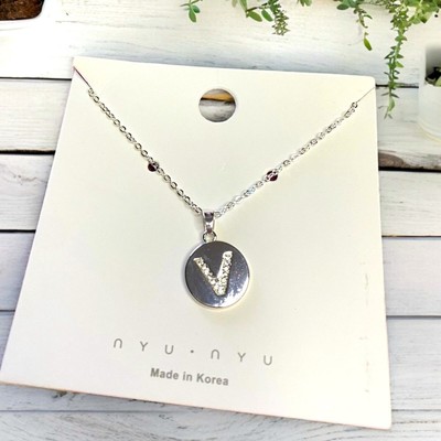 Silver tone Disc Pendant with Crystal V Initial NEW