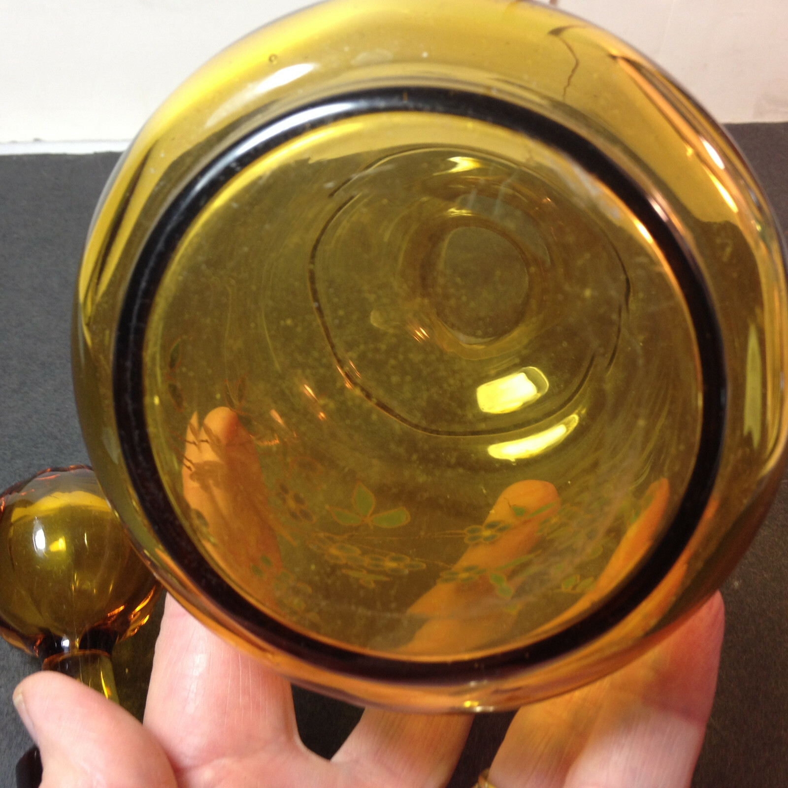 Vintage Amber Glass Decanter Bottle/ Stopper Hand Blown Painted Glass Enamel