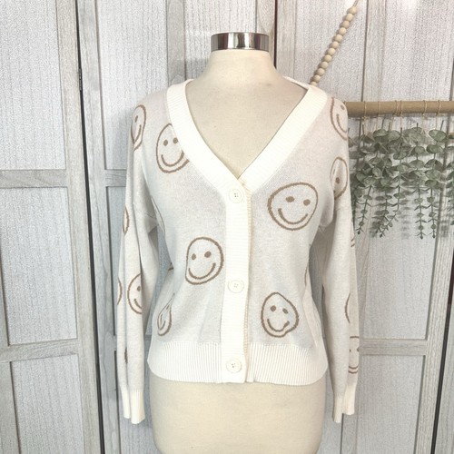 Nikka K Smiley Face Cardigan Sweater Cream Beige Hippie