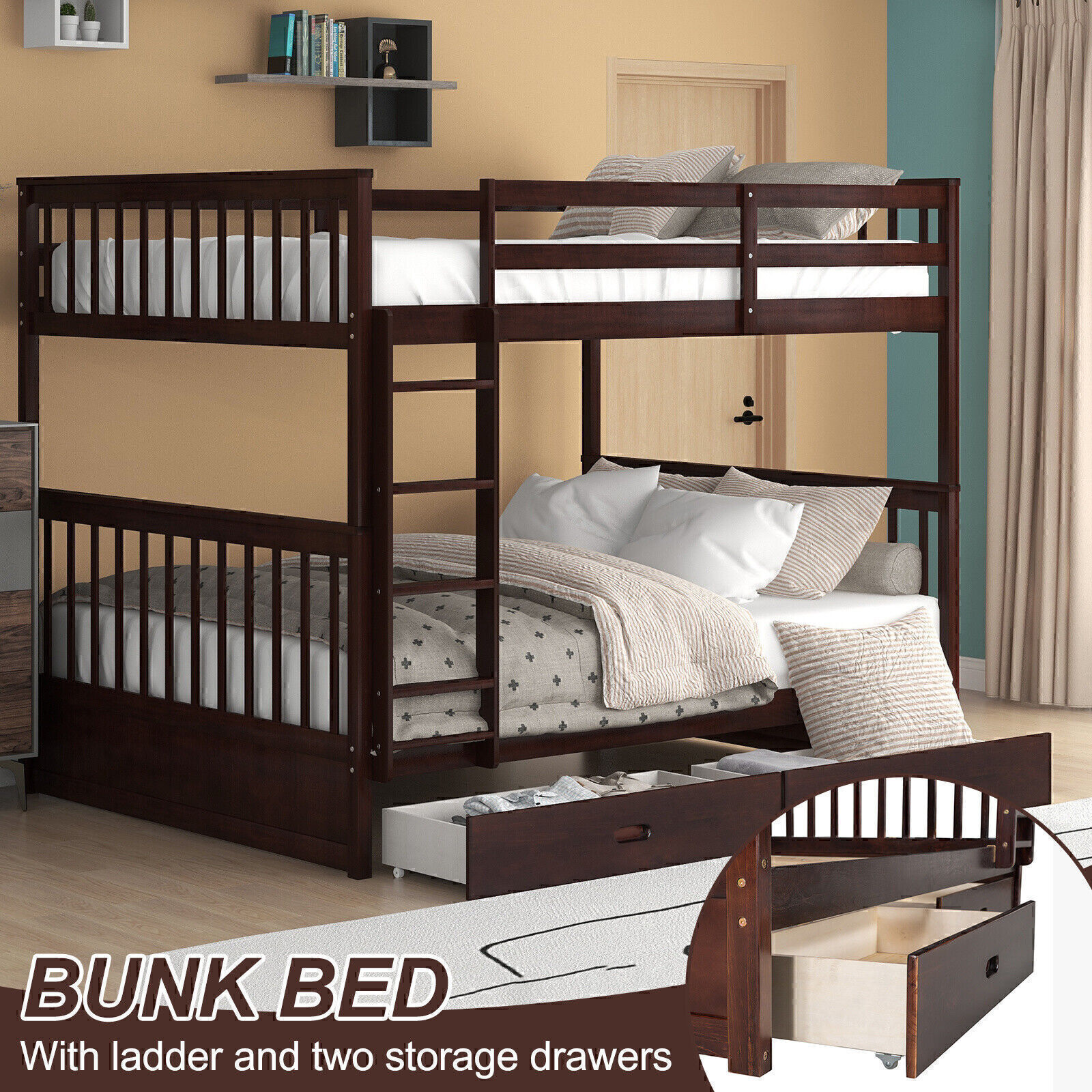 Full Over Full Bunk Bed w/ 2 Storage Drawers &Ladder Wood Bed Frame Bedroom US