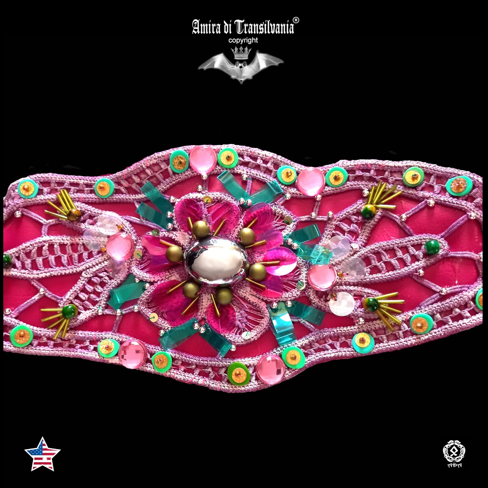 Pre-owned Amira Di Transilvania Women Accessories Belt Faux Leather Embroidered Macrame Rhinestones Pink Flowers