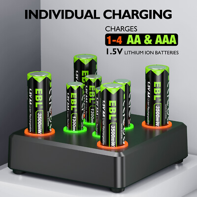 EBL 1.5V Rechargeable AA AAA Li-ion Batteries (4x AA & 4x AAA) + 8-Slot Charger