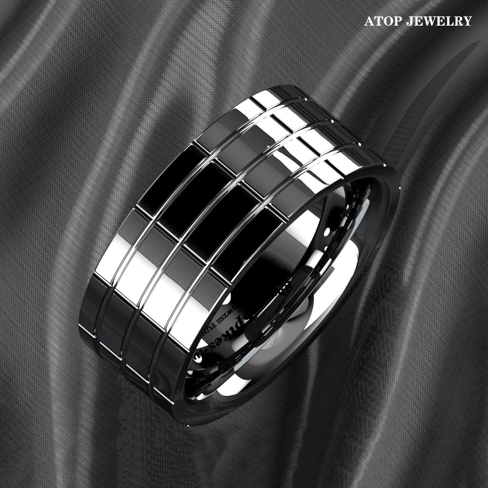 Silver Mirror Plated Tungsten Ring Grooved Mens Wedding Bands ATOP Jewelry