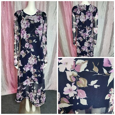 New Connected Apparel Black Floral Lined Long Sheer Sleeve Maxi Dress Size 16 