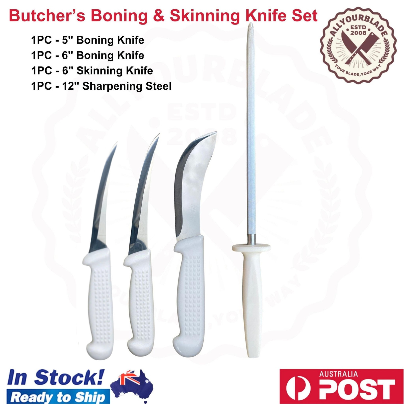 Diekensen Butchers 5" 6" Boning Knife 6" Skinning Knife 12" Steel - White Comple