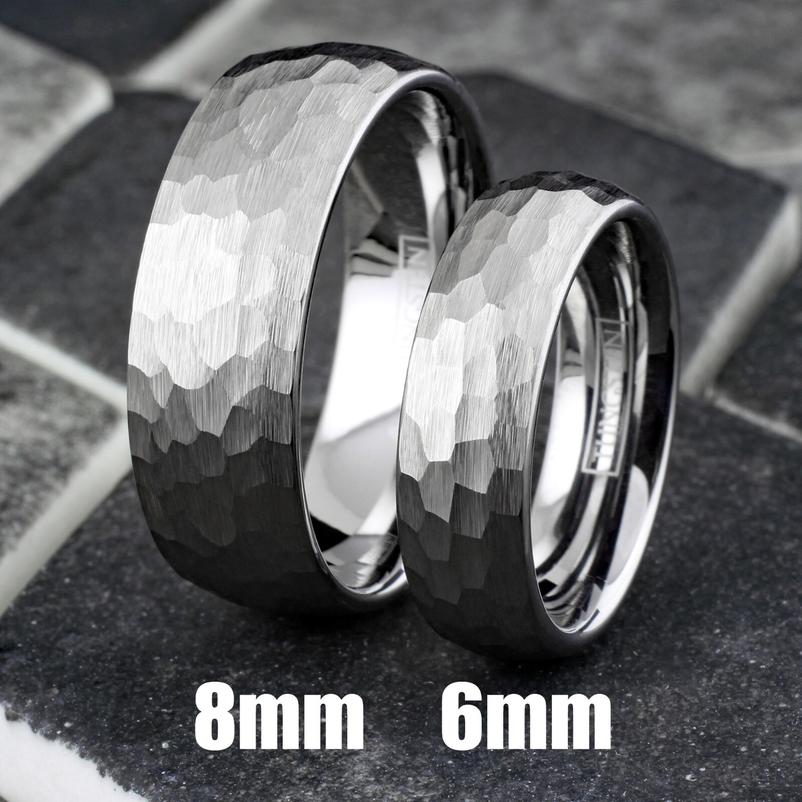 Engraved 8mm Silver Tungsten Hammered Brushed Finish Men's Wedding Band Ring