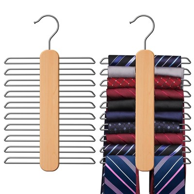 Tie Hanger Rust Resistant Wooden Necktie Organizer With 20 Swivel Hooks 360 Degr