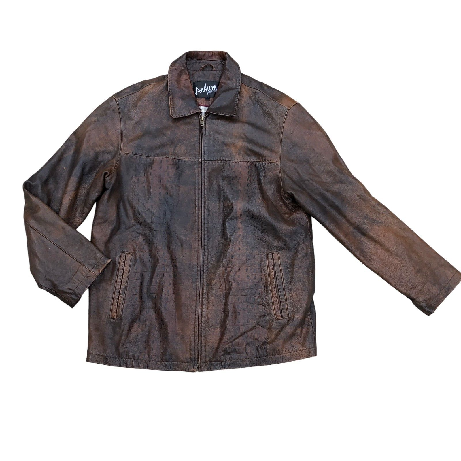 ANAUM New York Leather Bomber Jacket Men's LARGE Brown Moto ANAUM New York Leather Bomber Jacket Men's LARGE Brown Moto