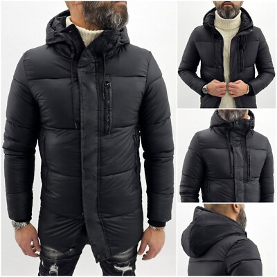 Giubbotto Uomo Invernale Nero Giacca Slim Tessuto tec Casual Giubbino Cappuccio