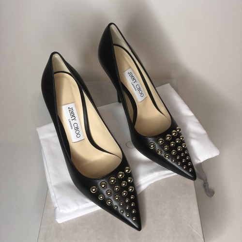 Pre-owned Jimmy Choo Love 100 Black Nappa Leather Heels With Gold Degrade Studs Size 37