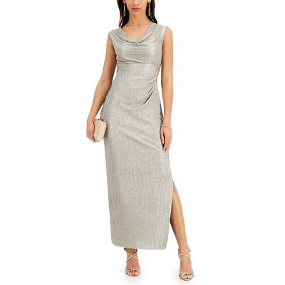 CONNECTED Gown Size 10P Petite Gold Beige Textured Cowl Neck Metallic Slit NWT