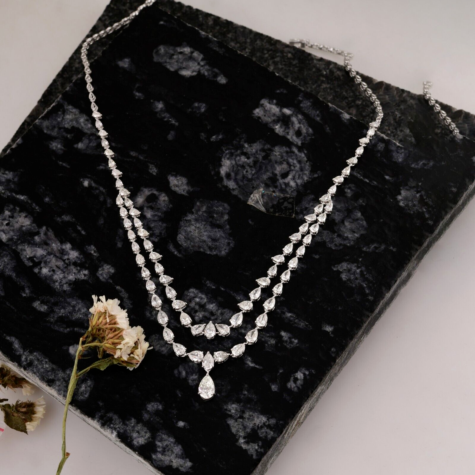 13.21 Ct Natural SI/H Pear Diamond Pendant Layered Necklace
