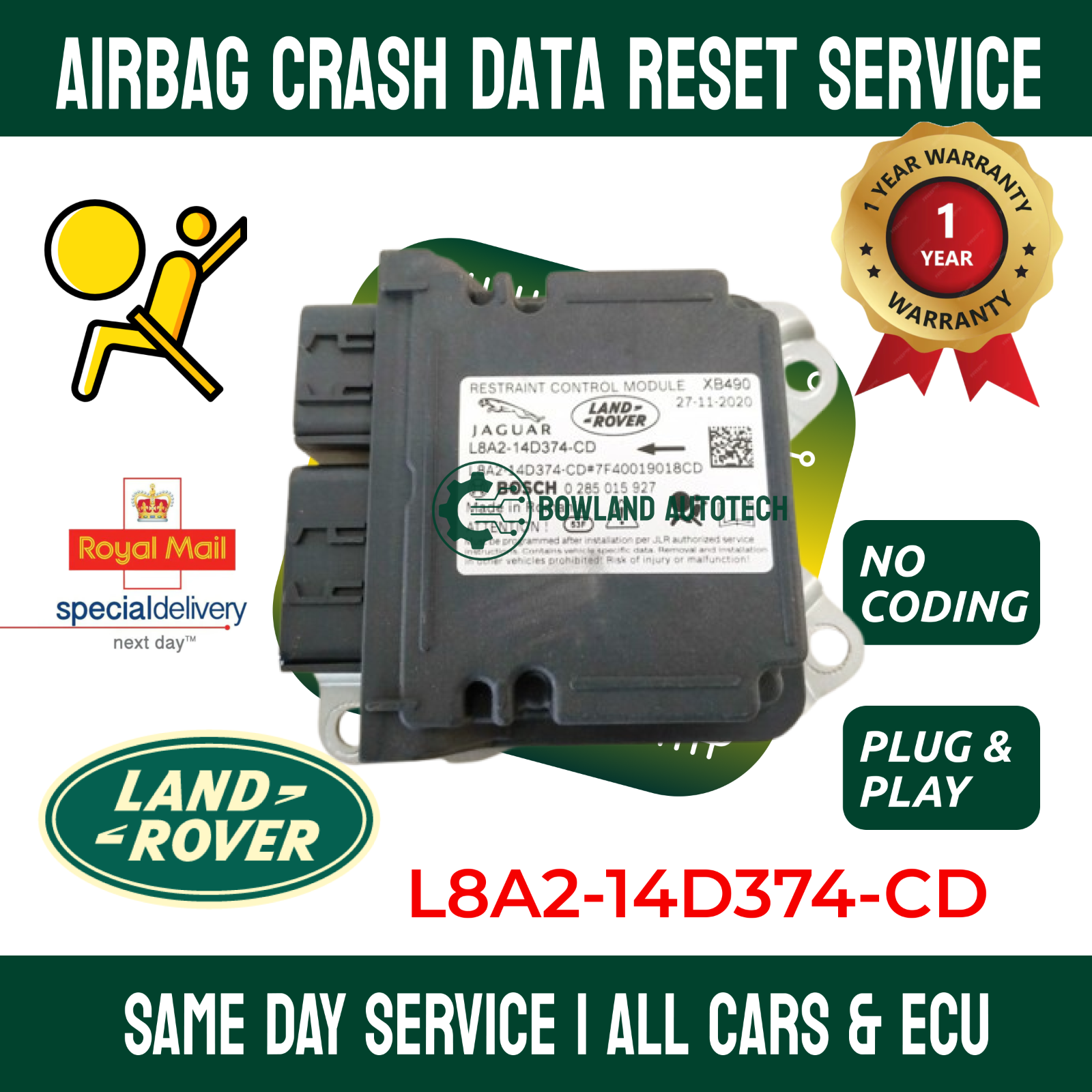 LAND ROVER L8A2-14D374-CD Airbag ECU Crash Data Reset Service –SRS Module Repair
