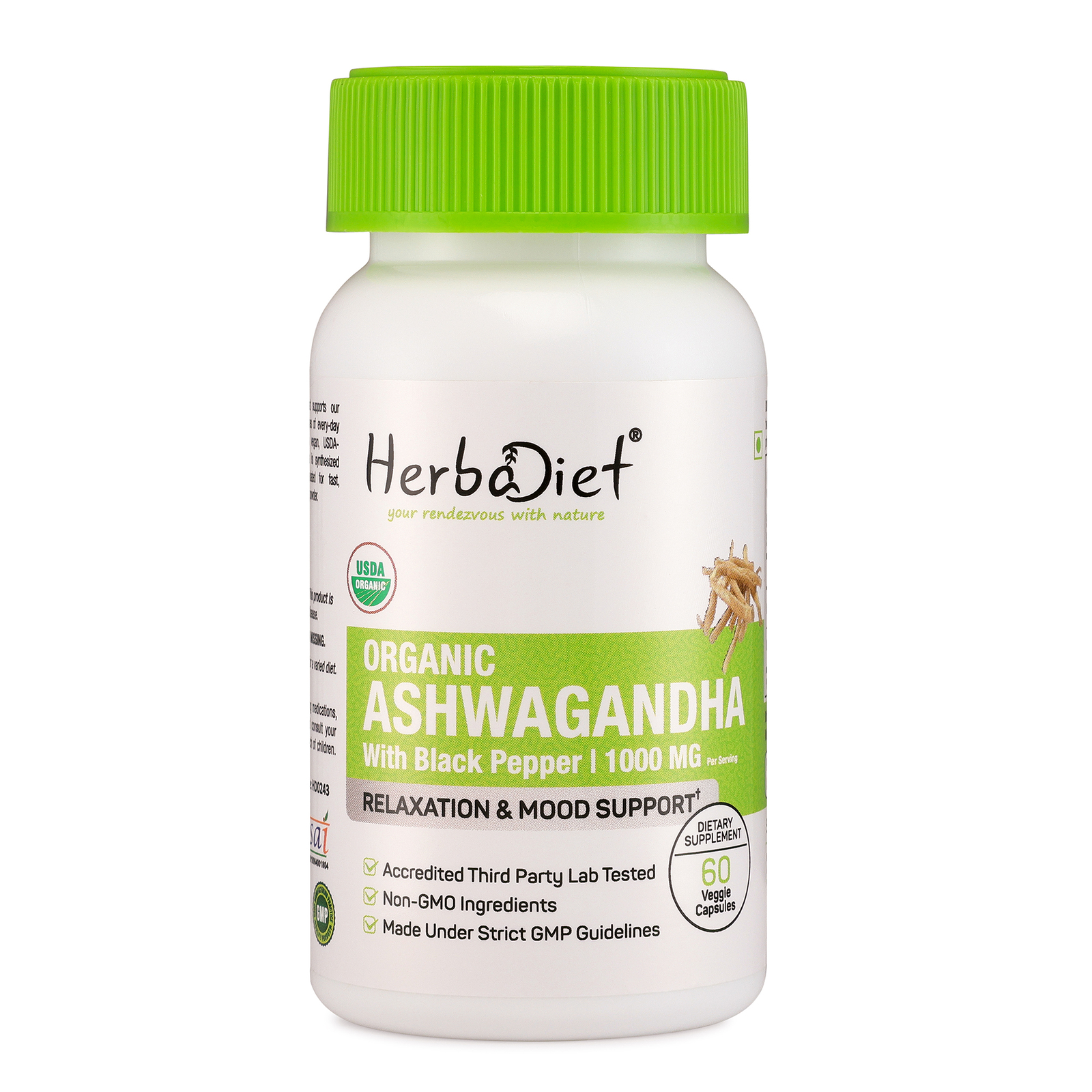 180 Capsules Organic Ashwagandha Root Withania Somnifera w/- Black Pepper Powder