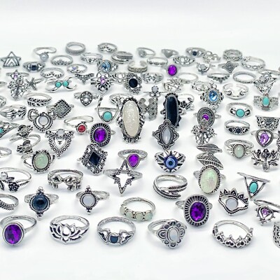 Bulk Lots 50 Antique Silver Bohemia Vintage Rings Mix Women Stone Retro Charms